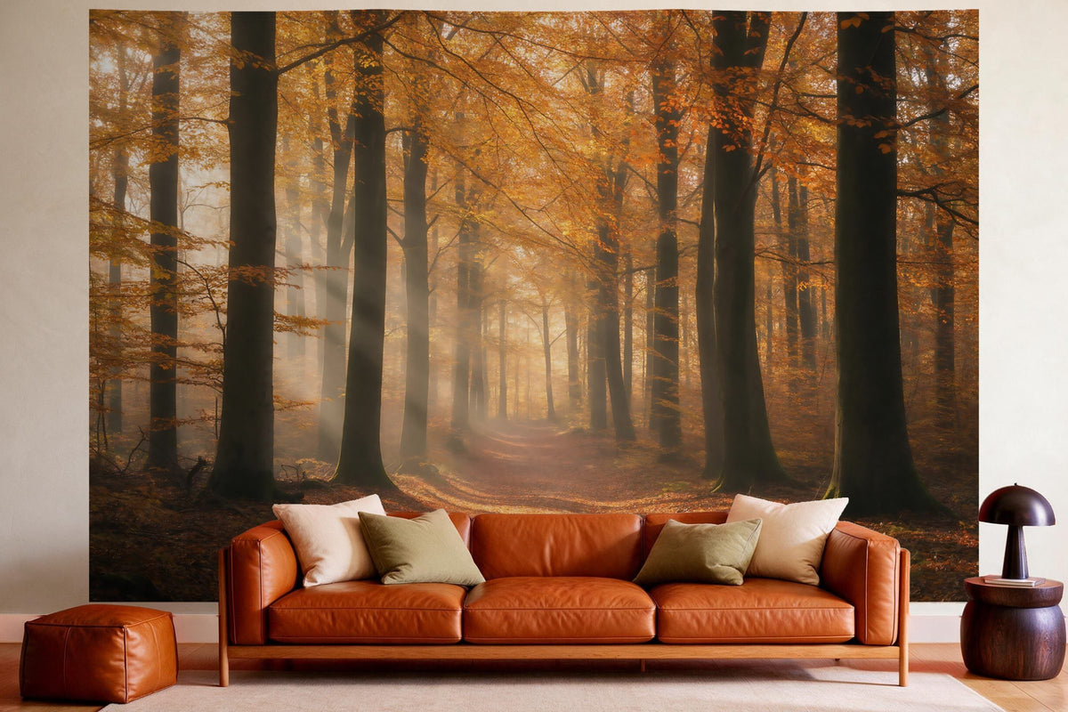XXL wall tapestry Forest Path in Autumn as wall decor in a cosy living room above the leather sofa