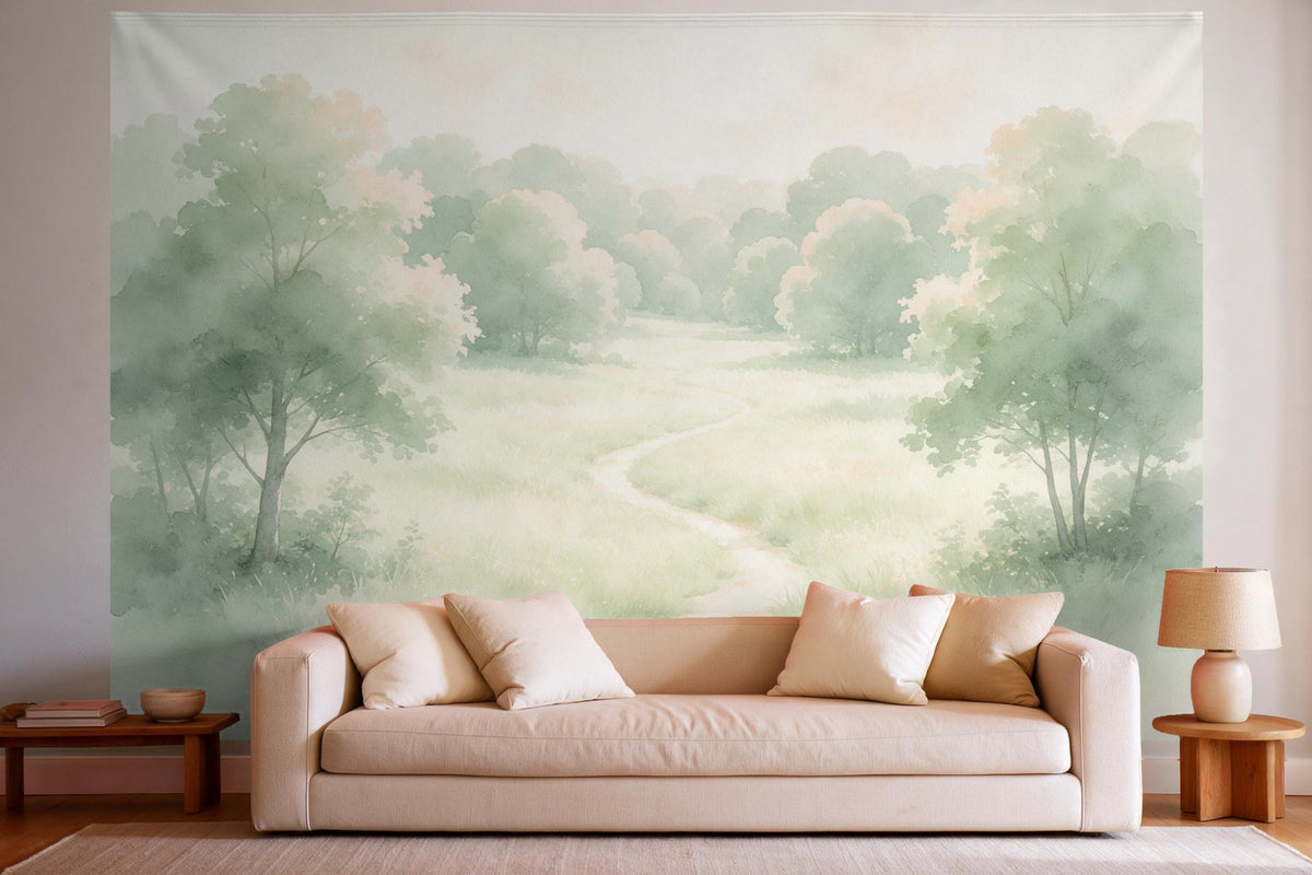 Wandtuch XXL Waldwiese in Salbeigrün als Aquarell als Wanddeko im hellen Wohnzimmer über dem Sofa