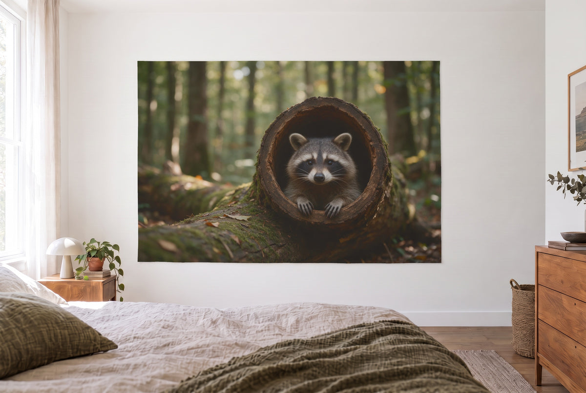 Wandtuch Waschbär im hohlen Baumstamm im hellen Schlafzimmer gegenüber dem Bett, rechts eine Holzkommode – Braun und Grün