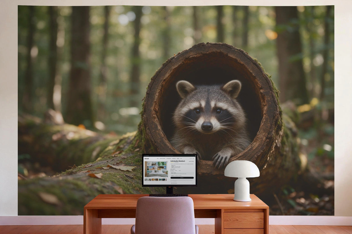 Wall decor in a home office behind the desk: printed fabric tapestry Raccoon in the Hollow Tree Trunk