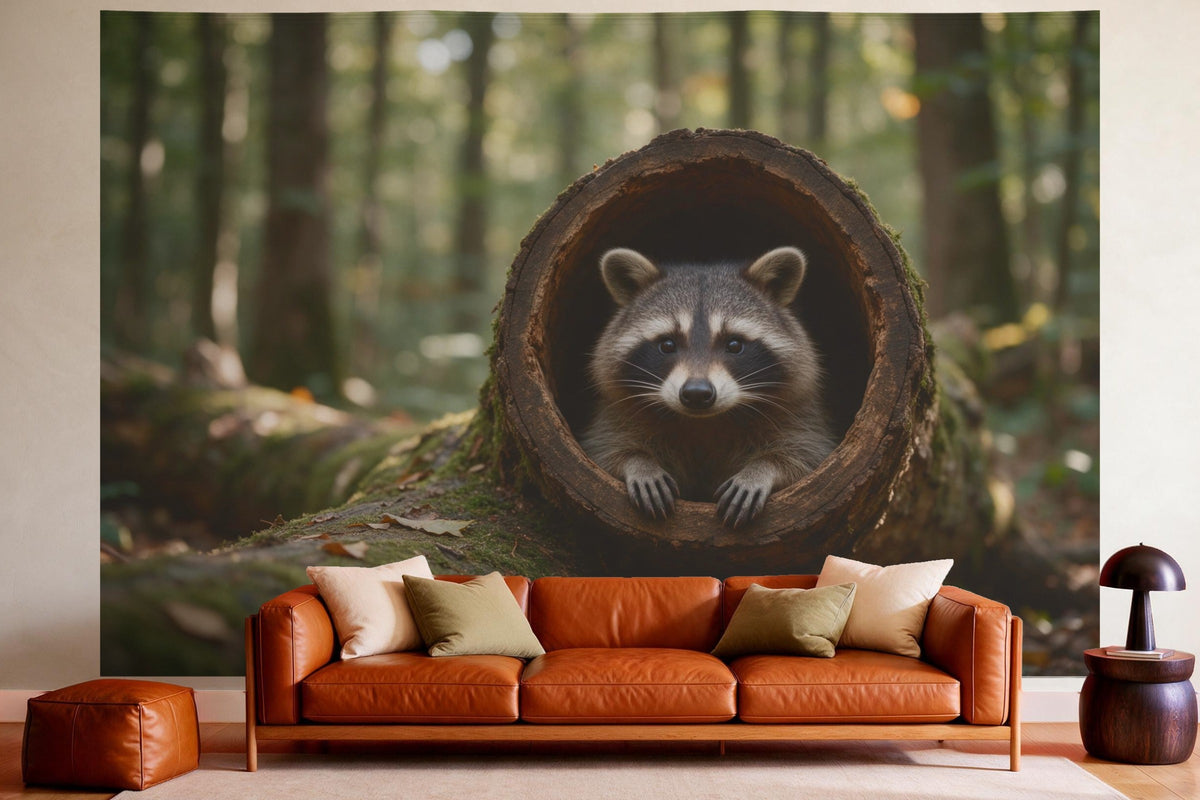 XXL wall tapestry Raccoon in the Hollow Tree Trunk as wall decor in a cosy living room above the leather sofa