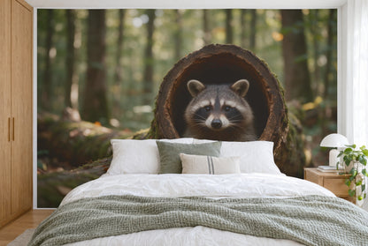 Bedruckter Stoff im XXL-Format: Waschbär rechts der Mitte im hohlen Baumstamm vor Laubwald, wandfüllend hinter dem Bett
