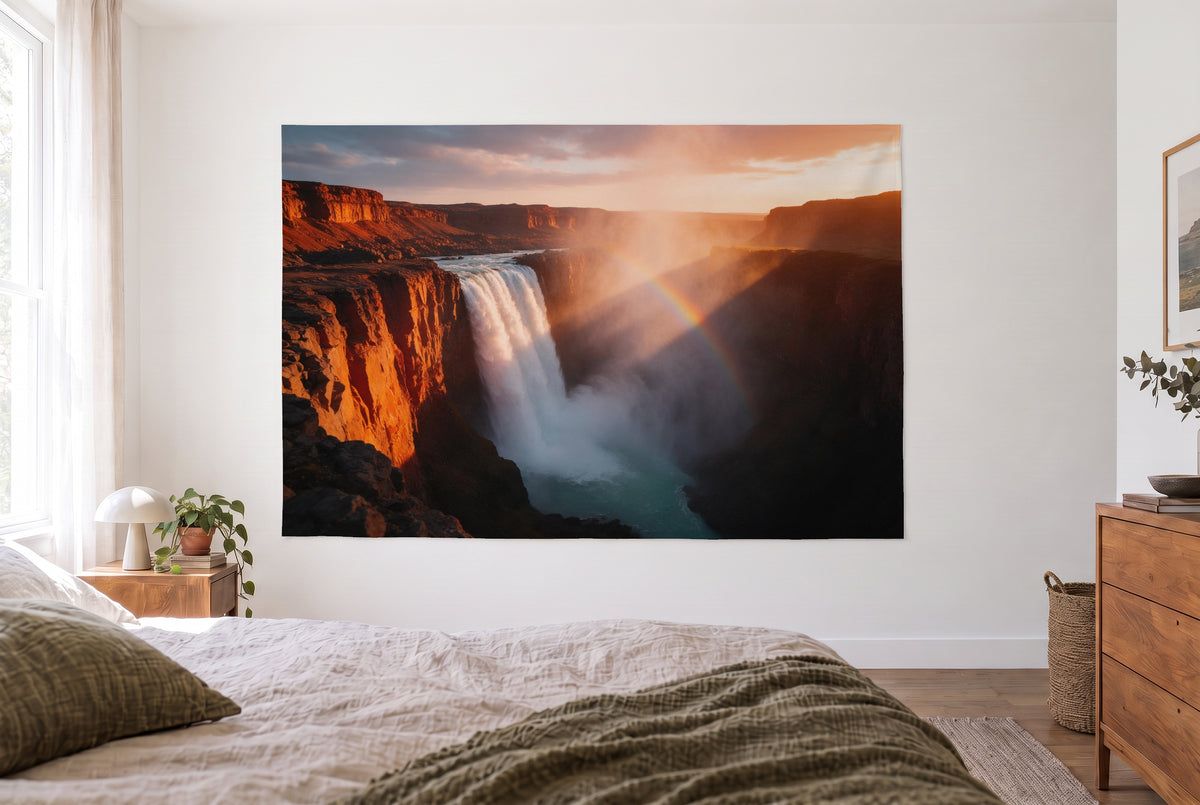 Tenture cascade dans un canyon embrasé dans la chambre claire face au lit, commode en bois à droite – orange et rouge