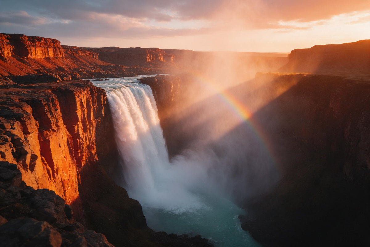 Cascade à gauche du centre tombe dans un canyon embrasé avec arc-en-ciel, tenture murale imprimée sur tissu – orange et rouge