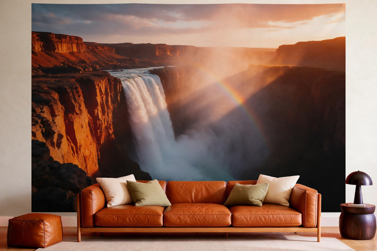 Tapiz de pared XXL Cascada en un cañón ardiente como decoración en un salón acogedor sobre el sofá de cuero