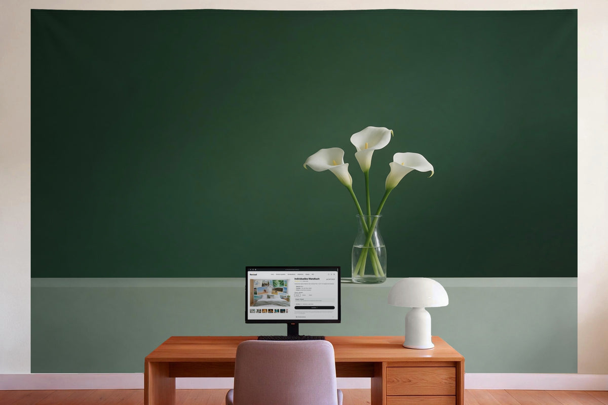 Decoración de pared en la oficina detrás del escritorio: tapiz de tela Calas blancas sobre fondo oscuro