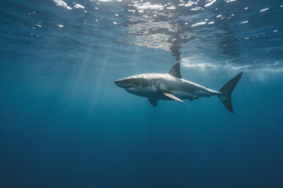 Great white shark below the water surface in the deep blue ocean, tapestry printed on fabric – blue and turquoise