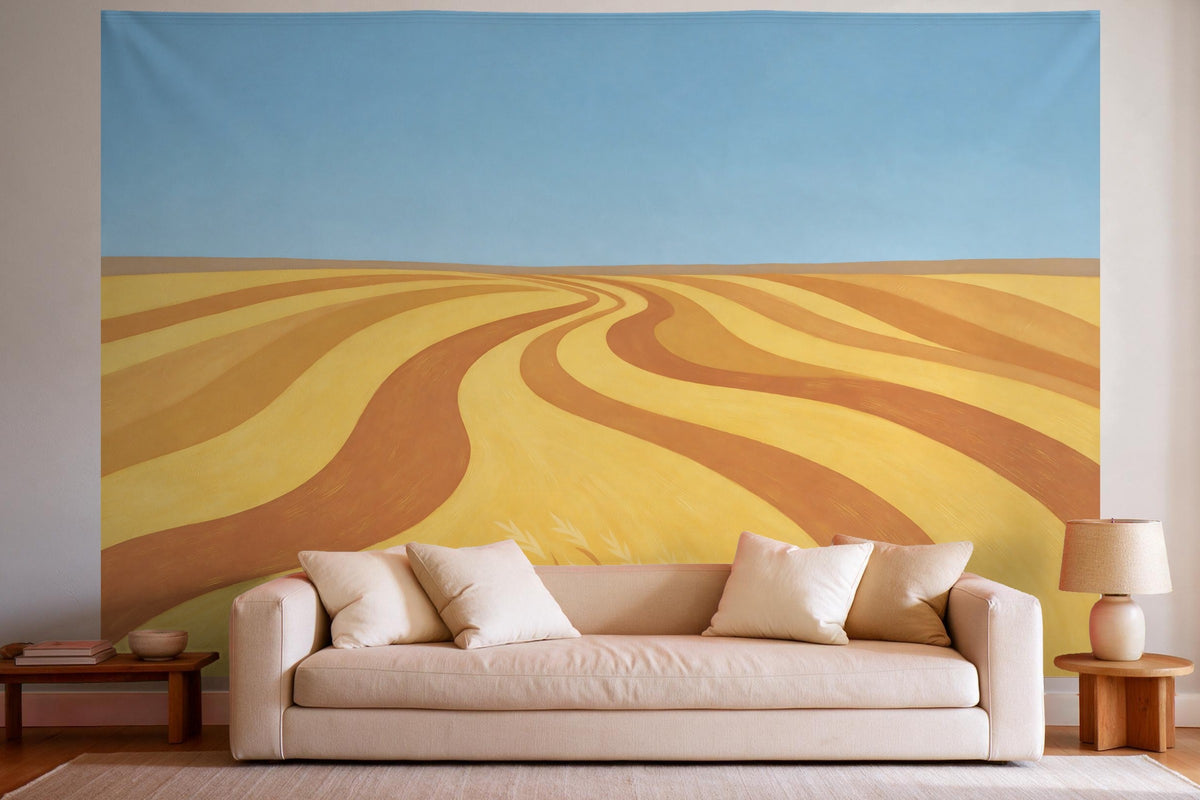 Déco murale dans un salon lumineux au-dessus du canapé : tenture murale Champ de blé abstrait, imprimée sur tissu