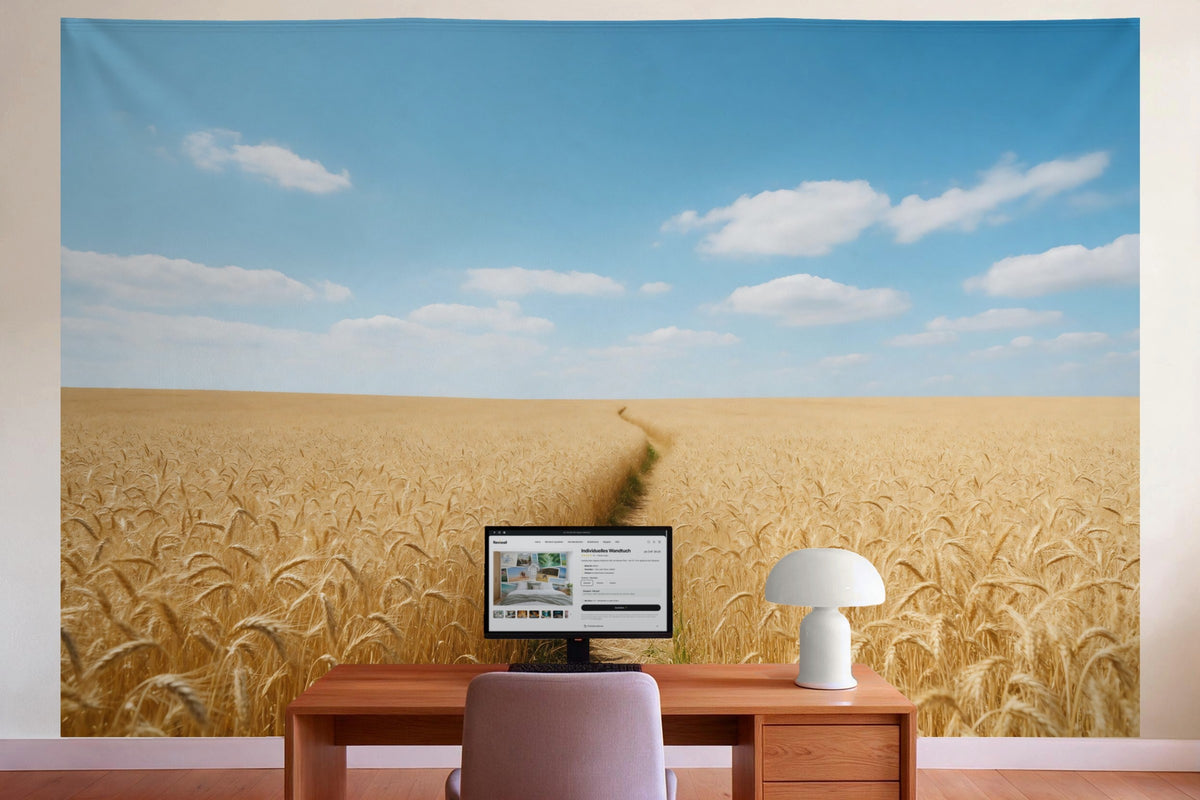 Decoración de pared en la oficina detrás del escritorio: tapiz de tela Campo de trigo con sendero