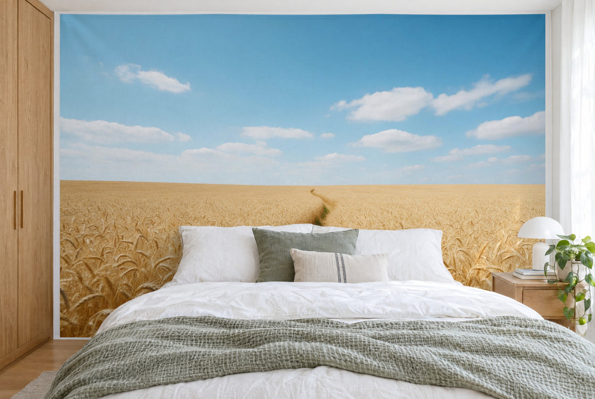 Tissu imprimé XXL : sentier étroit à travers un champ de blé doré, mur entier derrière le lit