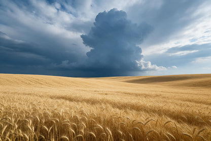 Wheat field before the storm: golden field under a slate-grey cloud, tapestry printed on fabric – yellow and grey