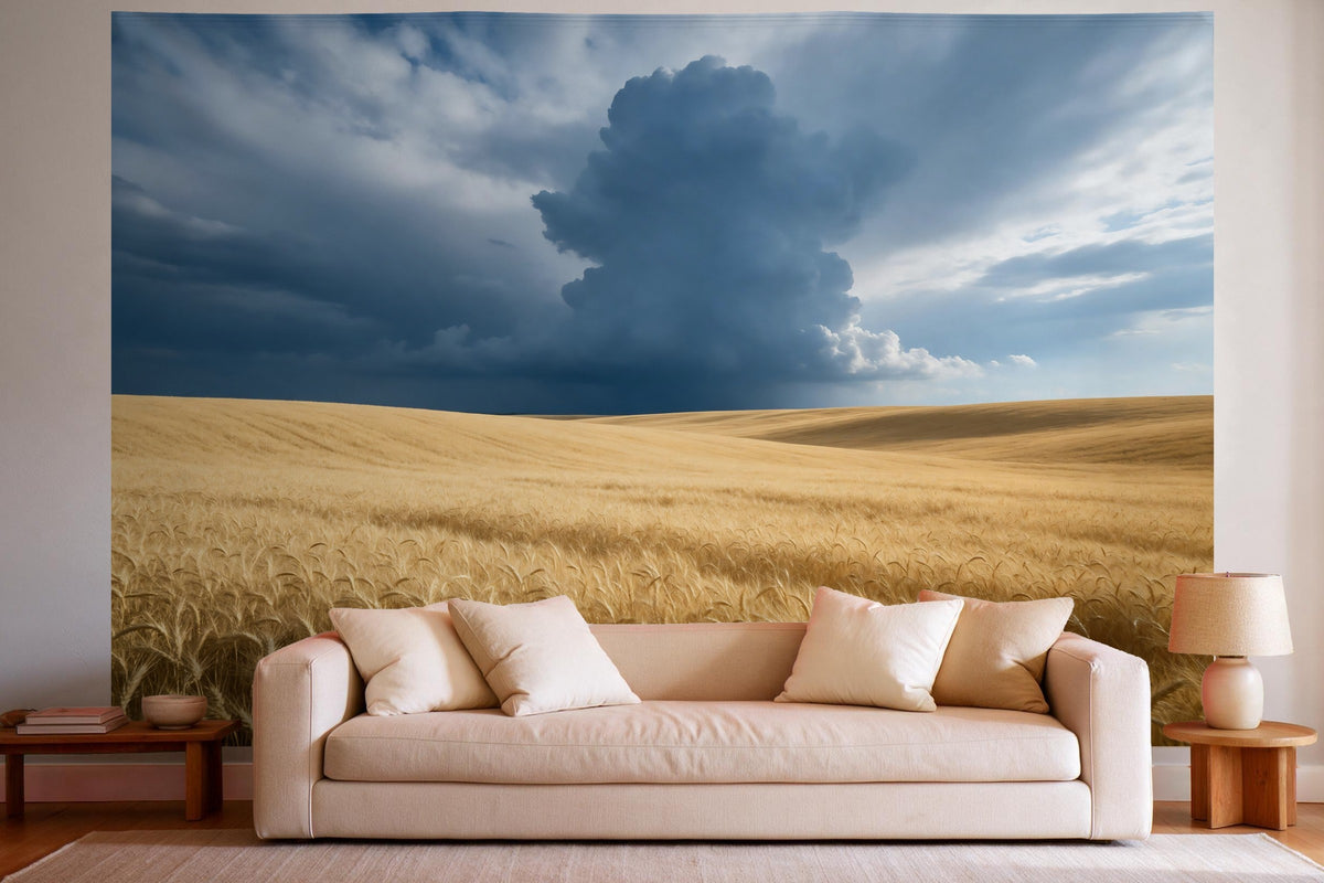 Tapiz de pared XXL Campo de trigo ante la tormenta como decoración en un salón luminoso sobre el sofá