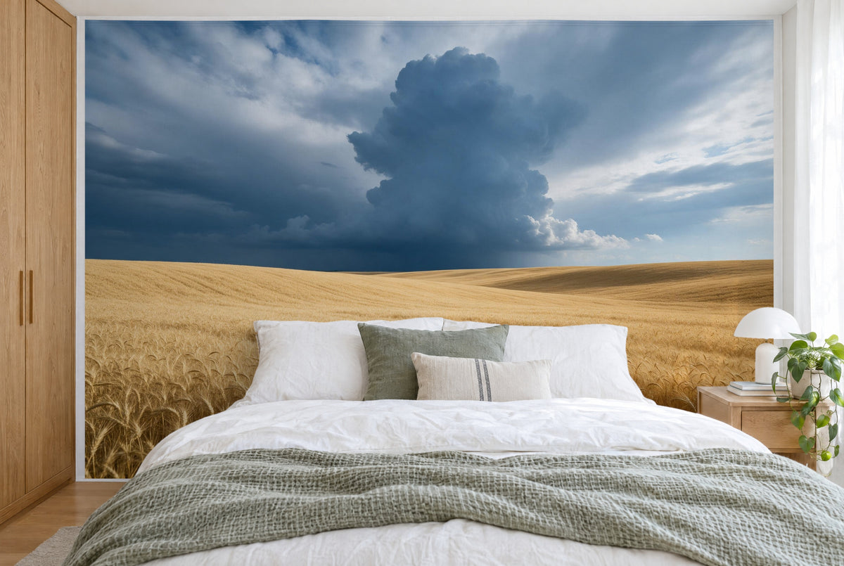 XXL printed fabric: slate-grey storm cloud over a golden wheat field, filling the wall behind the bed