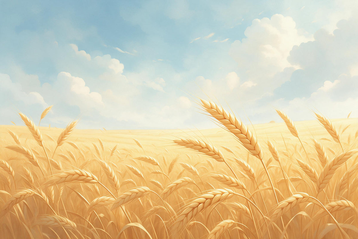 Campo de trigo con espigas doradas bajo cielo nublado suave, tapiz impreso en tela – amarillo y azul