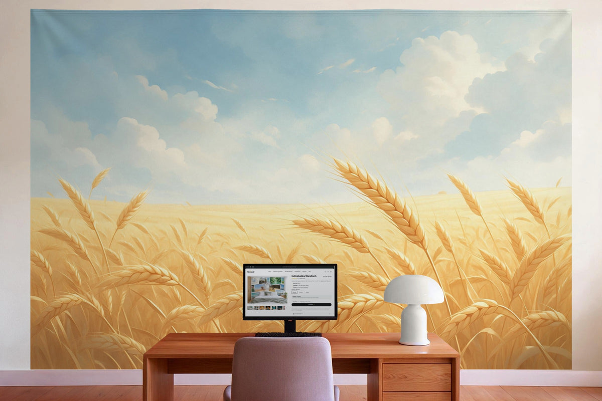 Decoración de pared en la oficina detrás del escritorio: tapiz de tela Campo de trigo con espigas doradas en ilustración