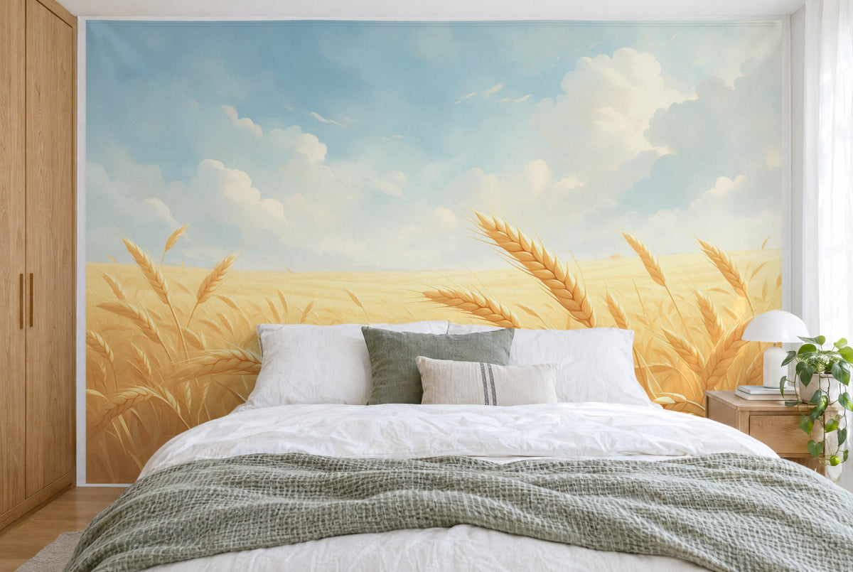 Tela impresa XXL: amplio campo de trigo con espigas doradas bajo nubes, llenando la pared tras la cama