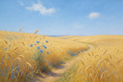 Weizenfeld: goldene Ähren mit Kornblumen am Feldweg, als Wandtuch, auf Stoff gedruckt – Gold und Blau