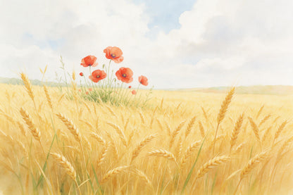 Weizenfeld mit rotem Klatschmohn am Feldrain unter Wolkenhimmel, als Wandtuch, auf Stoff gedruckt – Gelb und Rot