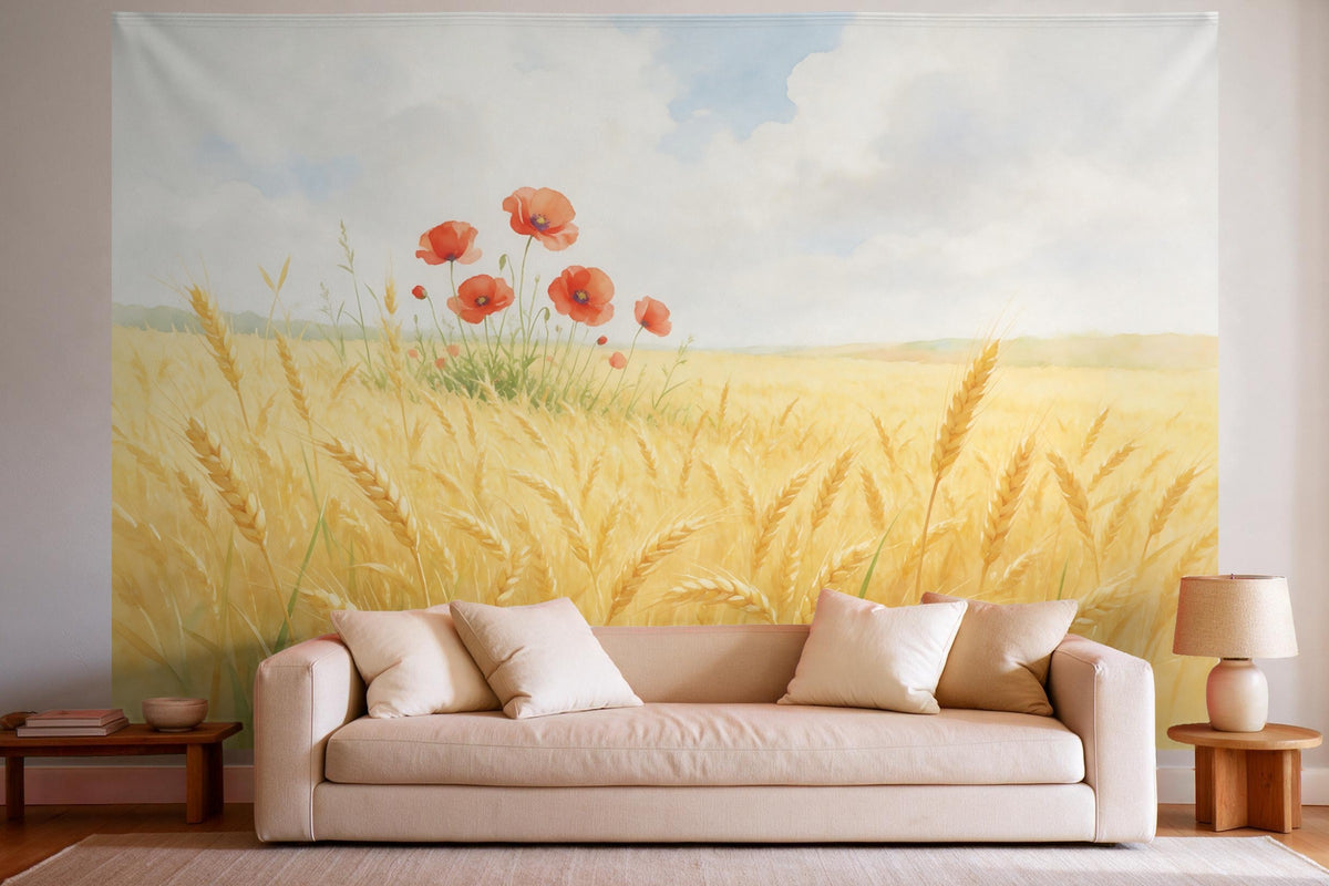 Tapiz de pared XXL Campo de trigo con amapolas al borde del campo como decoración en un salón luminoso sobre el sofá