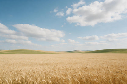 Campo de trigo bajo cielo azul con nubes y cúmulos blancos, tapiz impreso en tela – azul y amarillo