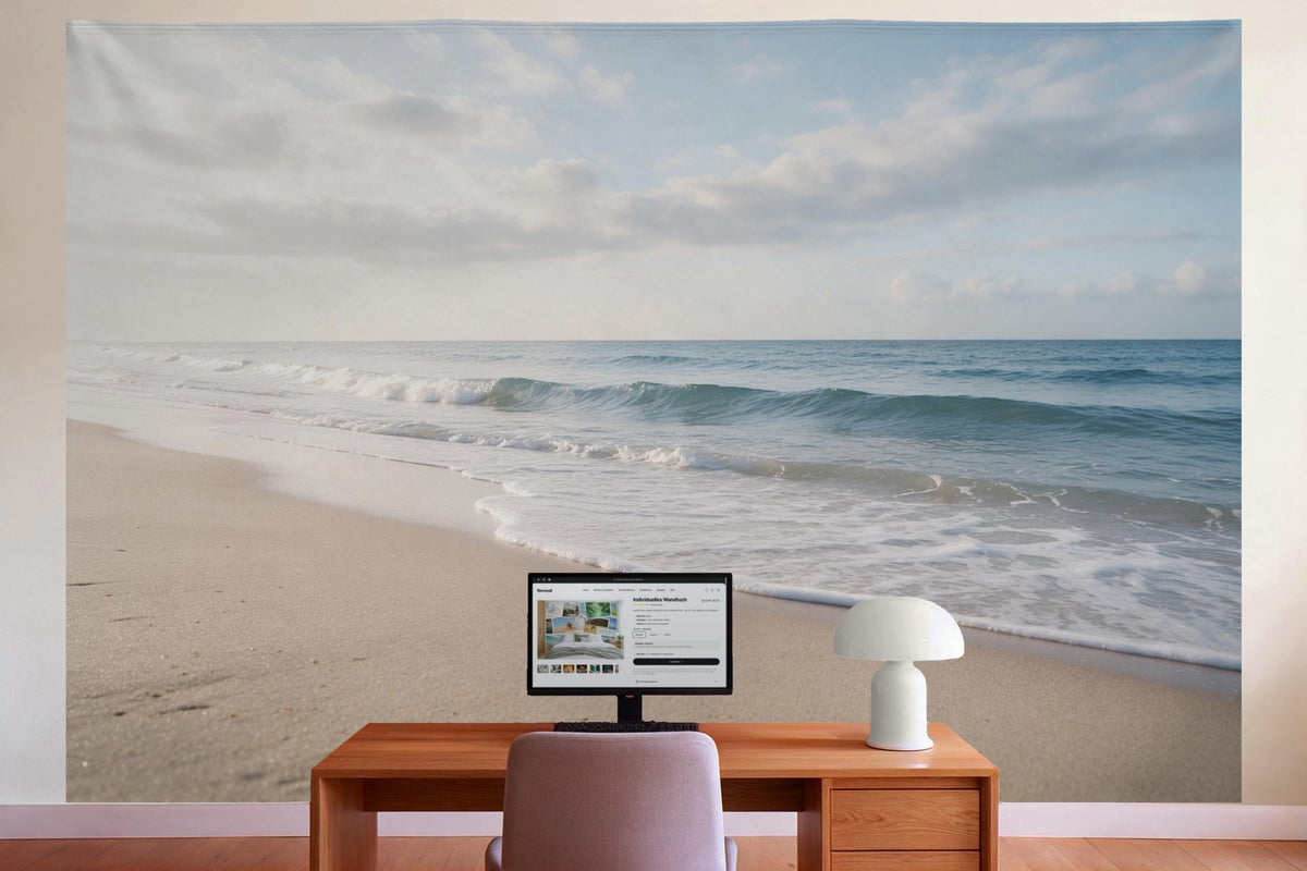 Déco murale dans le bureau derrière la table de travail : tenture murale Plage aux vagues douces, imprimée sur tissu