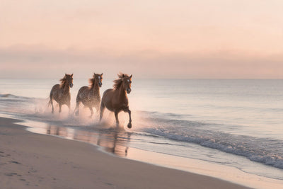 Three horses gallop through the surf on the beach in the morning light, tapestry printed on fabric – peach and gray