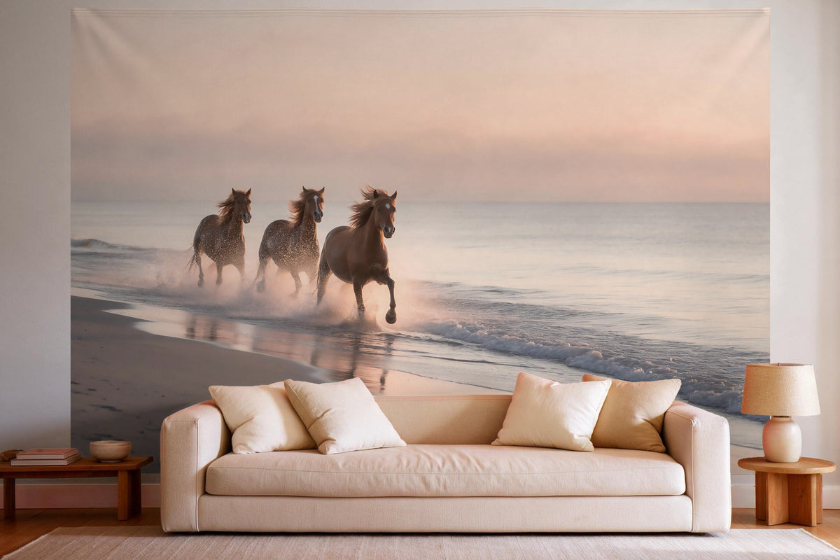 Tenture murale XXL Chevaux sauvages sur la plage en déco murale dans un salon lumineux au-dessus du canapé