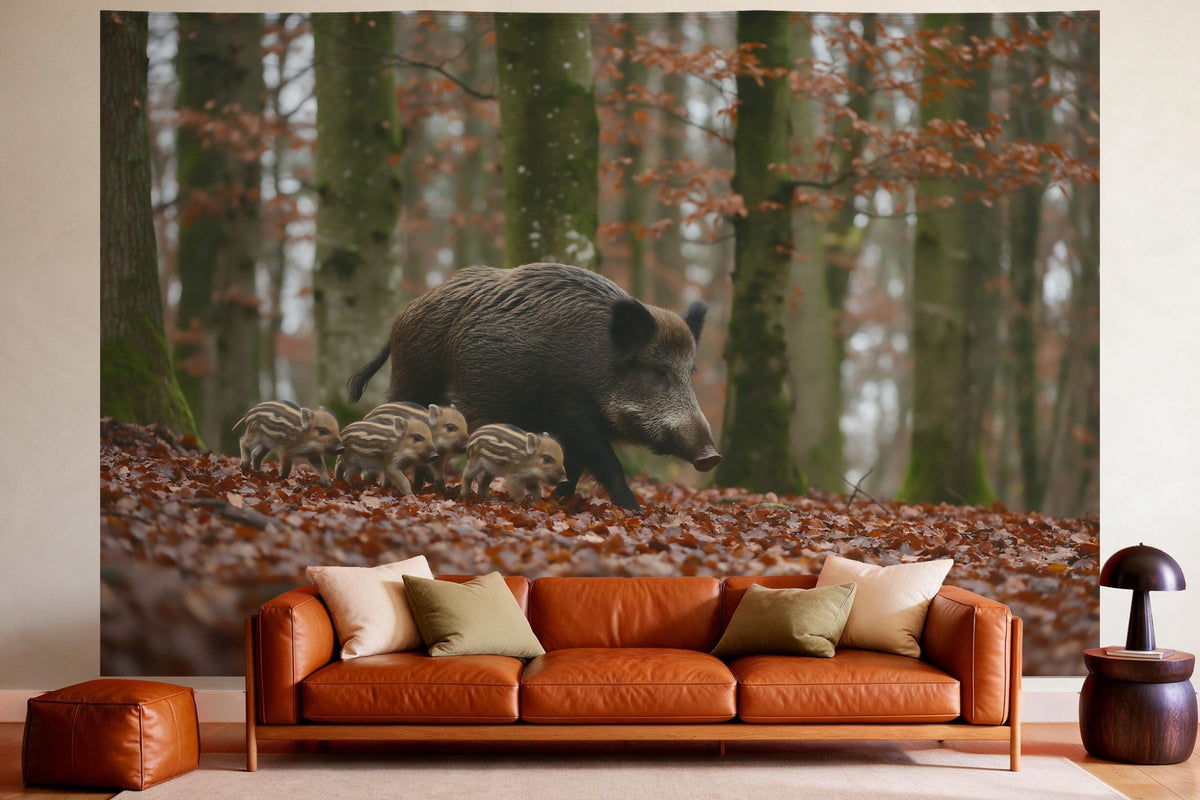 Wandtuch XXL Wildschwein mit Frischlingen als Wanddeko im gemütlichen Wohnzimmer über dem Ledersofa