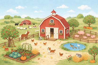 Granja como busca y encuentra con establo rojo, vacas, ovejas y estanque de patos, tapiz impreso en tela – verde y rojo