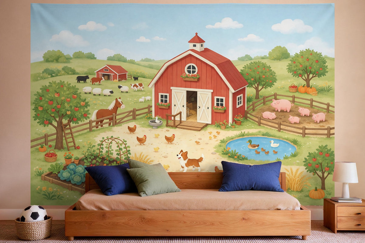 Wanddeko im Jungen-Kinderzimmer: Wandtuch Wimmelbild vom Bauernhof, auf Stoff gedruckt