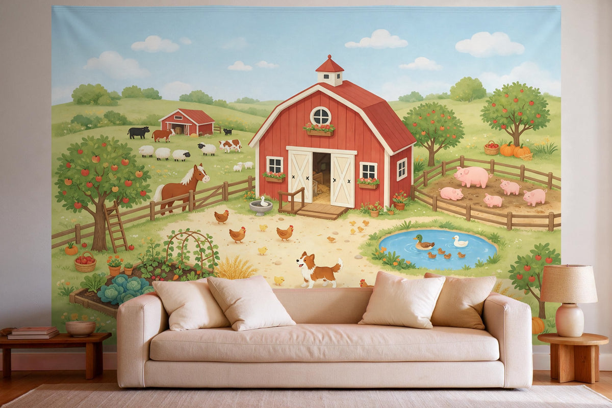Wanddeko im hellen Wohnzimmer über dem Sofa: Wandtuch Wimmelbild vom Bauernhof, auf Stoff gedruckt