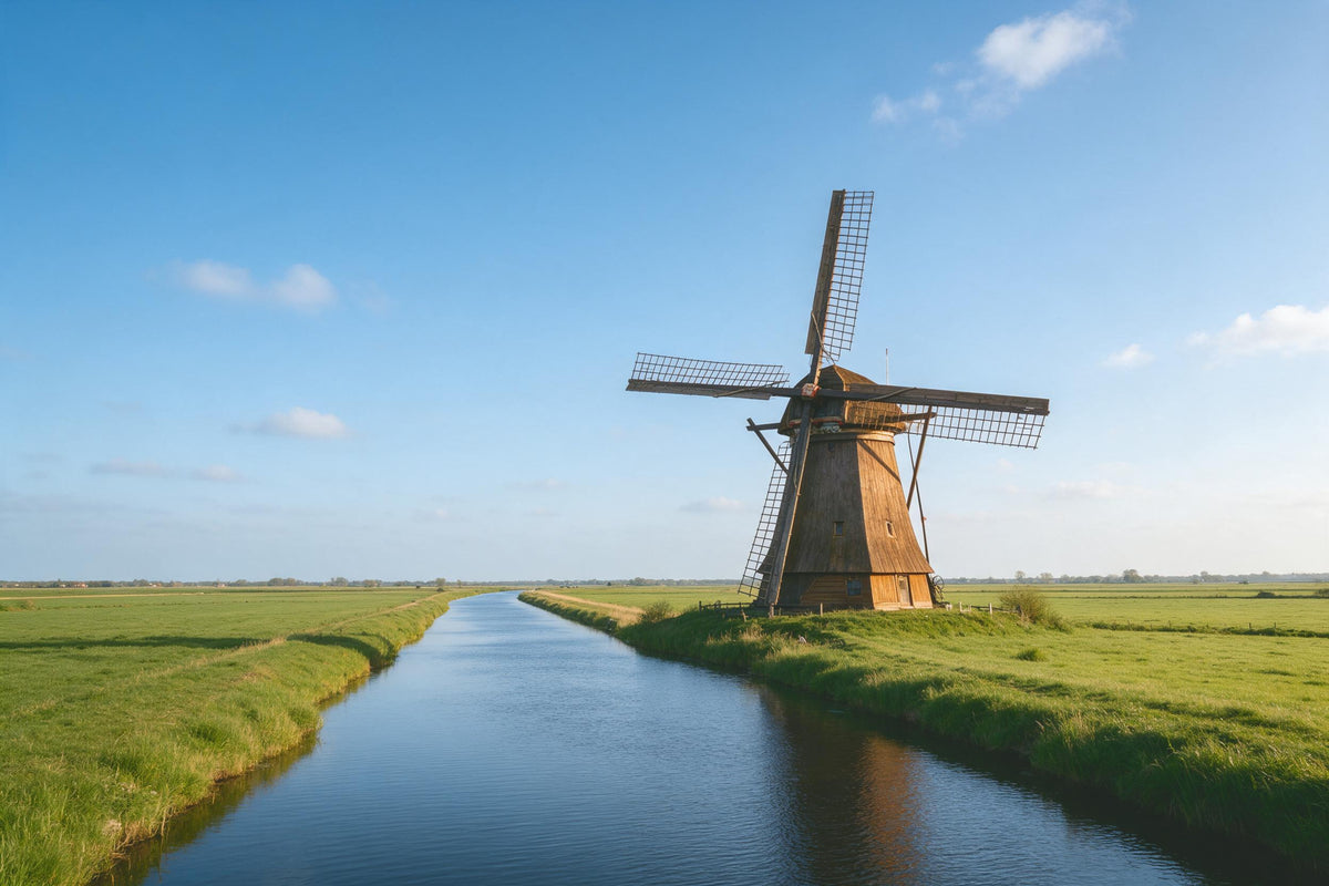Alte Windmühle mit vier Holzflügeln am Kanalufer in grüner Wiese, als Wandtuch, auf Stoff gedruckt – Blau und Grün