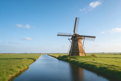 Alte Windmühle mit vier Holzflügeln am Kanalufer in grüner Wiese, als Wandtuch, auf Stoff gedruckt – Blau und Grün