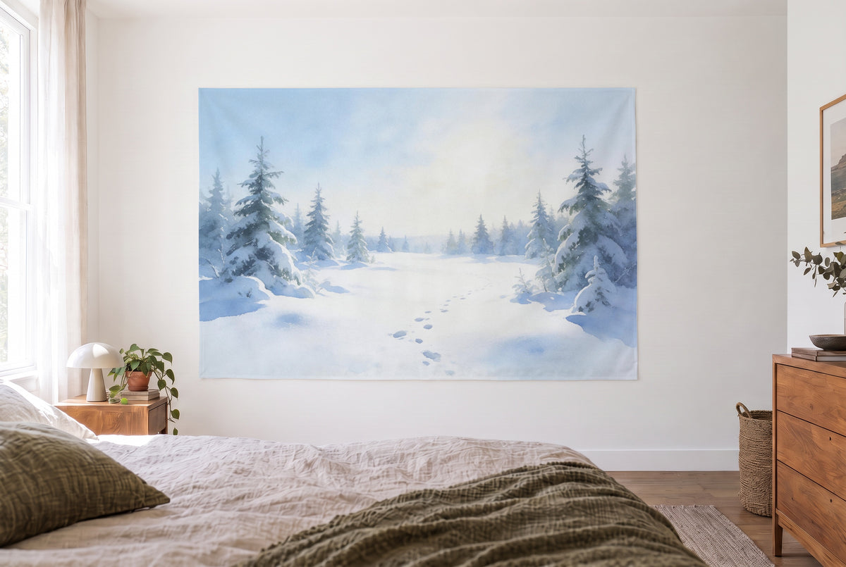 Winter Forest in Watercolor tapestry, bright bedroom opposite the bed, wooden dresser at right – ice blue, white and green