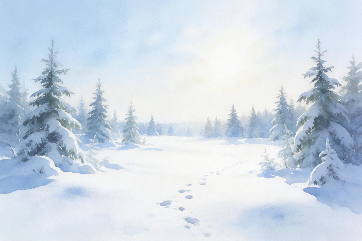 Forêt d'hiver à l'aquarelle, sapins enneigés autour d'une clairière et doux soleil d'hiver, tenture murale imprimée sur tissu