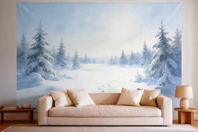 XXL wall tapestry Winter Forest in Watercolor as wall decor in a bright living room above the sofa