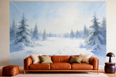 Wall decor in a cosy living room above the leather sofa: printed fabric tapestry Winter Forest in Watercolor