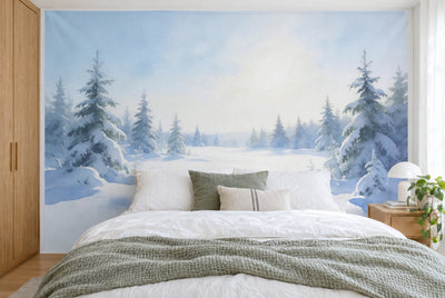 Large wall hanging Winter Forest in Watercolor in the bedroom, wall-filling behind the bed – printed tapestry