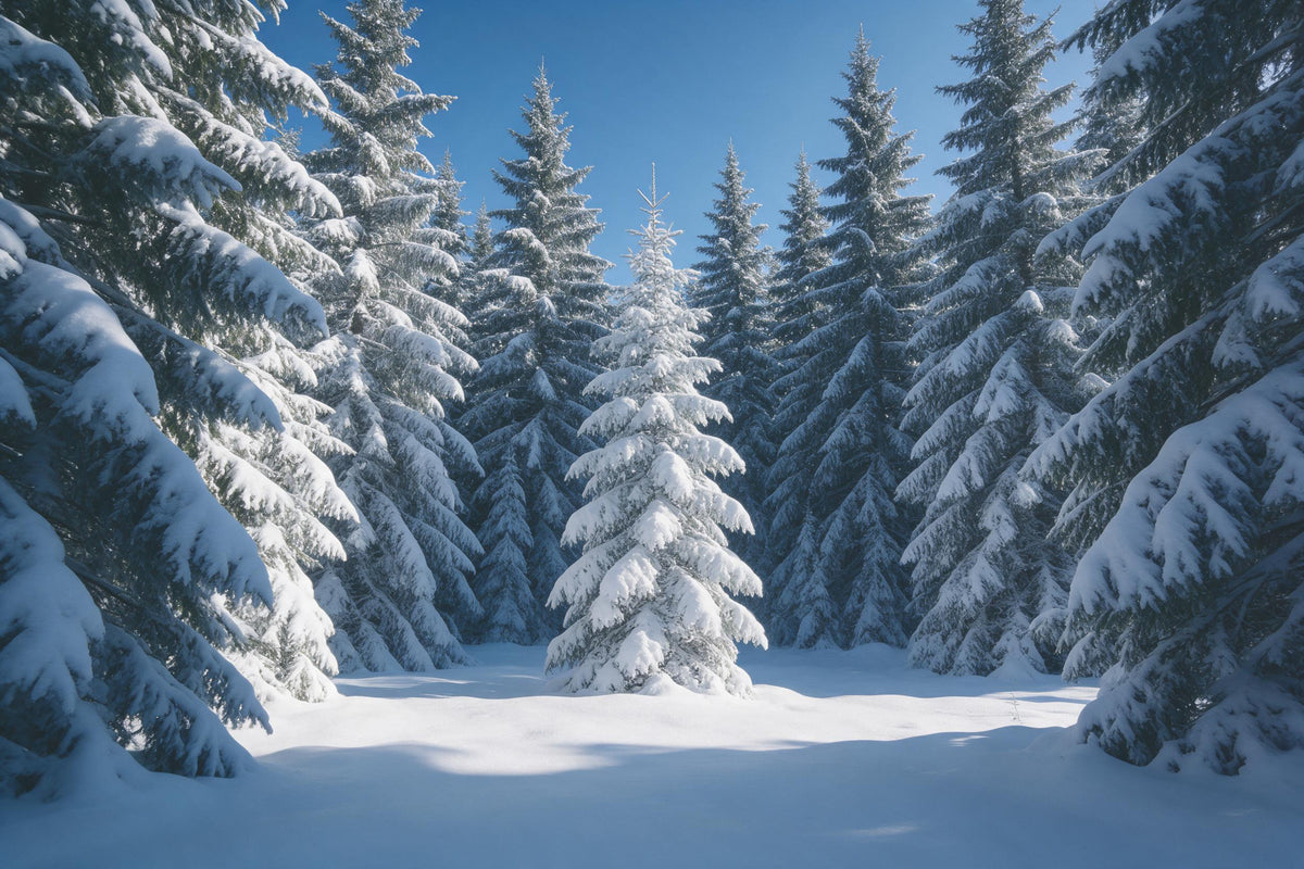 Bosque invernal nevado con abetos bajo la nieve y cielo azul, tapiz impreso en tela – blanco y azul