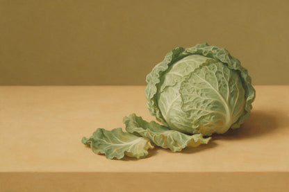 Chou de Milan aux feuilles vertes frisées à droite sur table en bois clair, tenture murale imprimée sur tissu – vert et beige