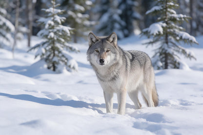 Grey wolf in deep snow before snow-covered firs, tapestry printed on fabric – grey, white and green