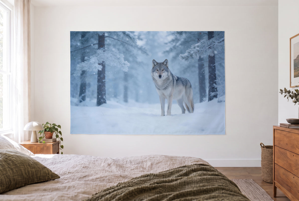 Winter forest wolf tapestry in a bright bedroom opposite the bed, wooden dresser on the right – white, ice blue and grey