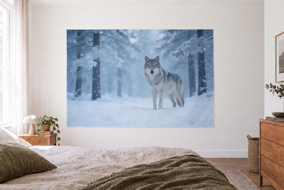 Winter forest wolf tapestry in a bright bedroom opposite the bed, wooden dresser on the right – white, ice blue and grey