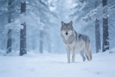 Grey wolf right of centre in a snowy pine forest with gentle snowfall, tapestry printed on fabric – ice blue