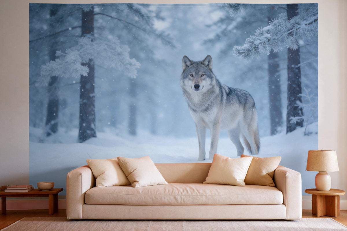 Wandtuch XXL Wolf im Winterwald als Wanddeko im hellen Wohnzimmer über dem Sofa