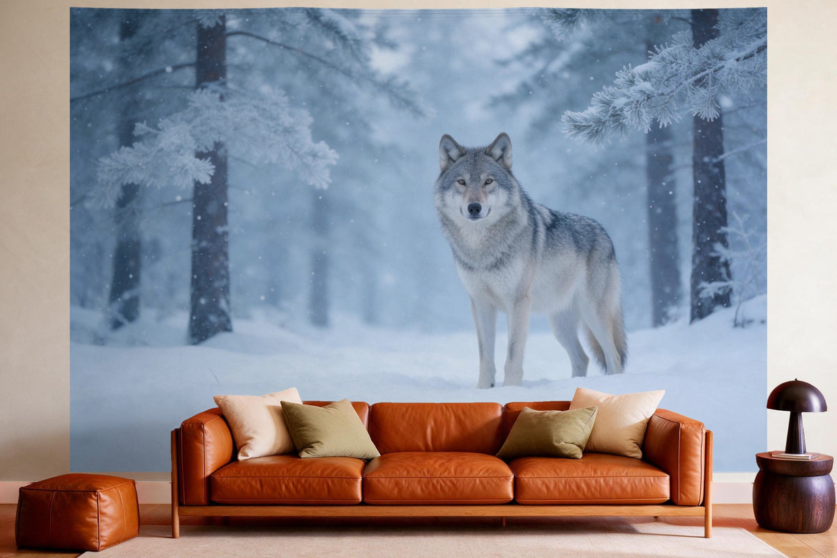 Wanddeko im gemütlichen Wohnzimmer über dem Ledersofa: Wandtuch Wolf im Winterwald, auf Stoff gedruckt