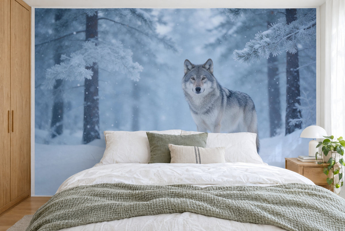 Grosses Wandtuch Wolf im Winterwald im Schlafzimmer wandfüllend hinter dem Bett – Wandbehang aus Stoff
