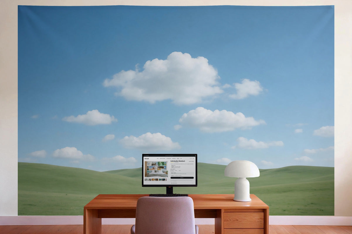 Decoración de pared en la oficina detrás del escritorio: tapiz de tela Cielo azul con nubes sobre colinas verdes