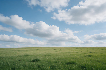 Vaste ciel nuageux bleu aux doux cumulus sur prairie d'été, tenture murale imprimée sur tissu – bleu et vert