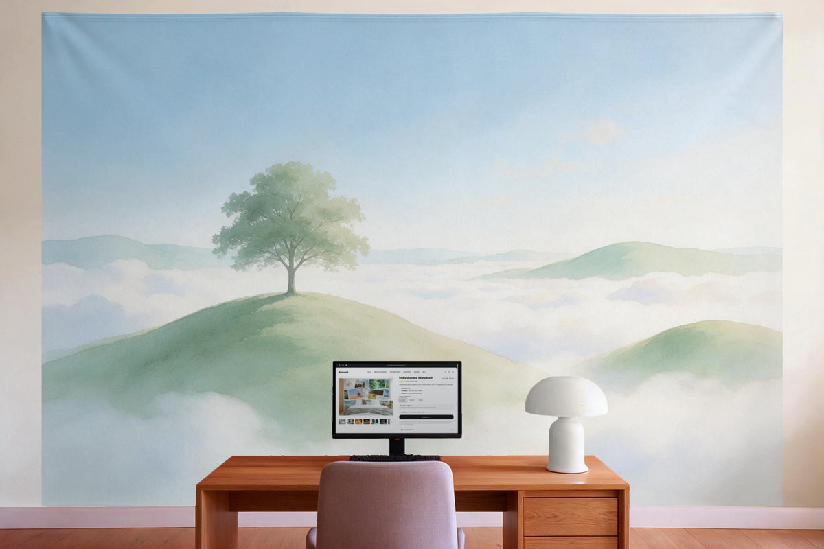 Wall decor in a home office behind the desk: printed fabric tapestry Sea of Clouds over the Hills
